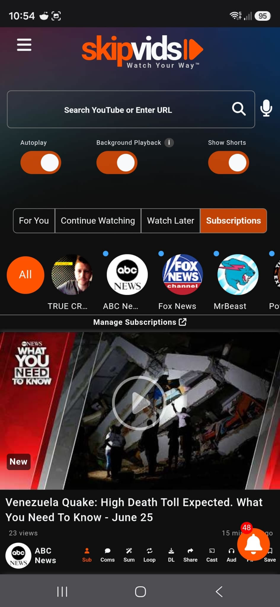 SkipVids subscriptions feed